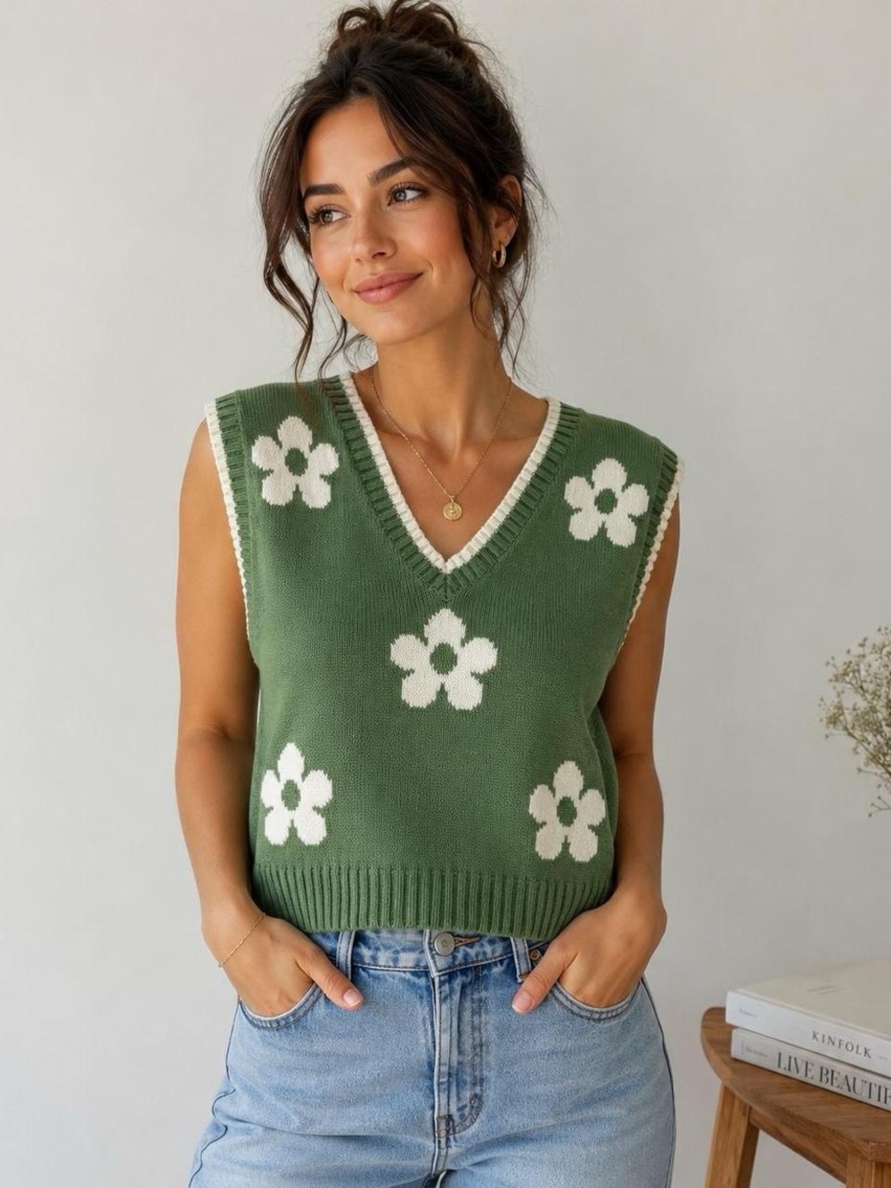 Love Tree Green Floral V Neck Sweater Vest Womens Size Small